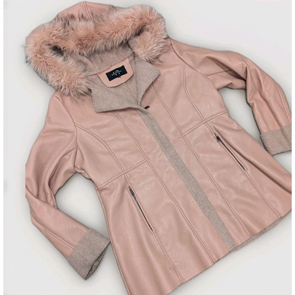 Y2K McBling Mob Wife Coquette Pink Faux Leather Sherpa Fur Hood Jacket